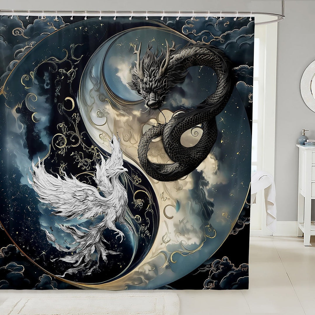 LL Dragon Bathroom Shower Curtain Sets Japanese Ukiyoe Shower Curtain Exotic Animal 72" W X 72" L Ancient Loong Phoenix Fabric Shower Curtain Bathroom, Yin Yang Bath Curtaine