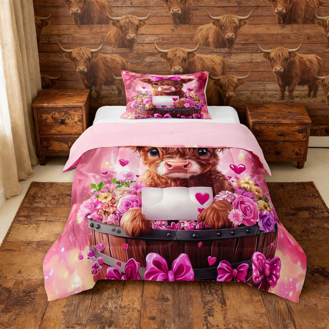 Erosebridal Kawaii Highland Cow Twin Comforter Sets for Girls, Pink Flower Bowknot Bedding Set
