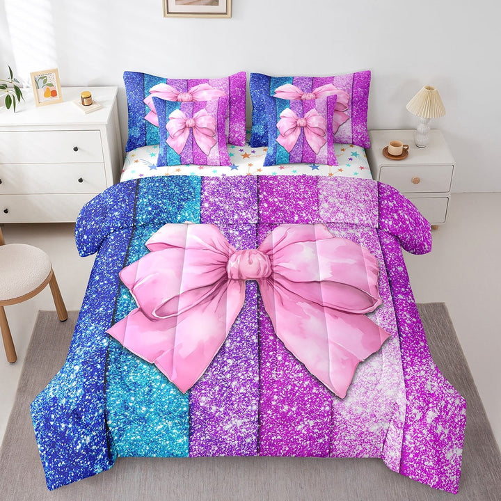 Erosebridal Pink Bow Bedding Sets King Size,Geometric Stripes Bed in a Bag King size,Lightweight Reversible Bedding King Size,Bling Room Decorative,7 Pieces