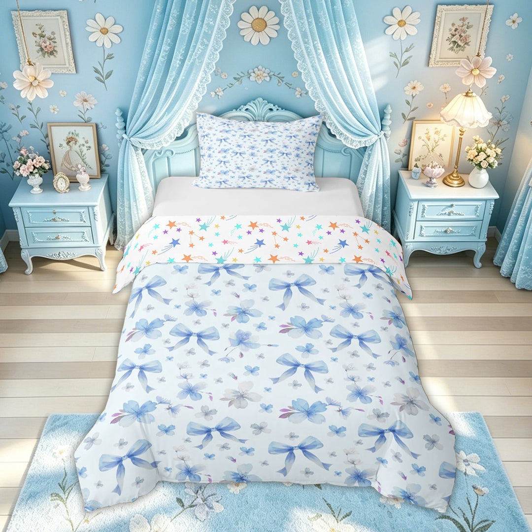 Meiyoeat Blue Watercolor Bow Duvet Cover Set for Women Girls, Girly Bloom Blossoms Flower Floral Bedding Full, Colorful Star Reversible, 1 Duvet Cover and 2 Pillowcases (No Comforter)