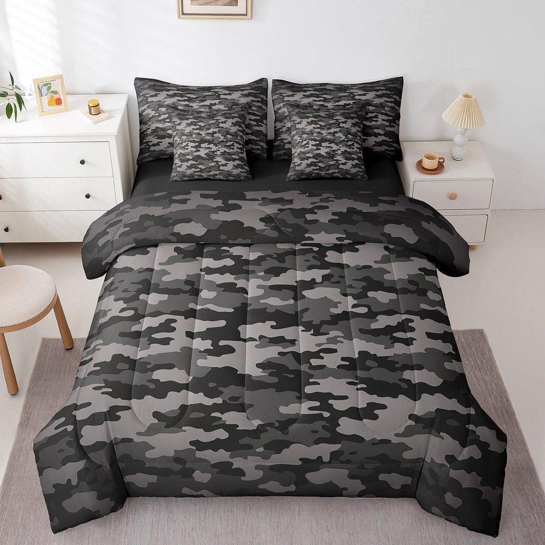 Erosebridal Camouflage Full Comforter Set 7 Piece,Military Camo Bed in A Bag With Sheet Set Black White Gray Camo Bedding Set Teen Men Retro Cool Abstract Art Reversible Bed Set