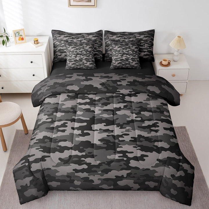 Erosebridal Camouflage Full Comforter Set 7 Piece,Military Camo Bed in A Bag With Sheet Set Black White Gray Camo Bedding Set Teen Men Retro Cool Abstract Art Reversible Bed Set