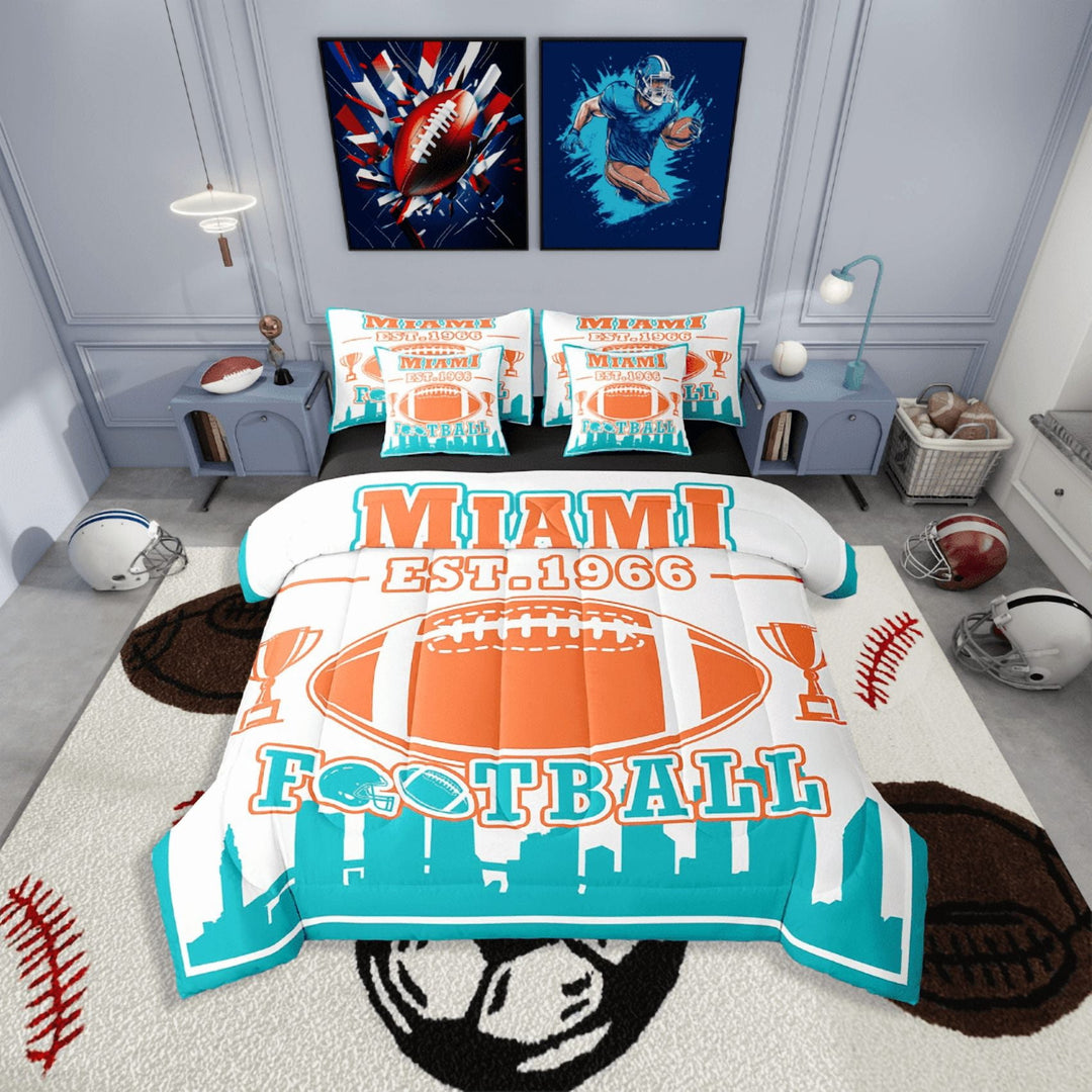 Erosebridal Sport Football Bedding Sets Twin Size,Ball Game Comforter Sets with Sheets,Rugby Room Decorative(Miami),Reversible,Lightweight,7-Piece