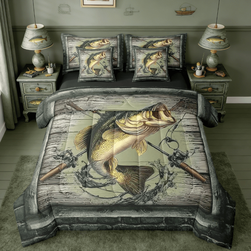Manfei Pike Fish 7 Pieces Bedding Comforter Set,Fishing Hook Full Bedding Set,Rustic Farmhouse Cabin Fitted Sheet Flat Sheet For Teens,Microfiber Bedroom Decor Reversible