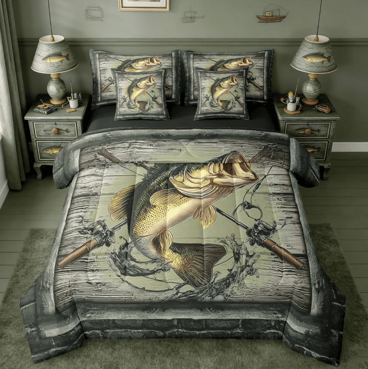 Manfei Pike Fish 7 Pieces Bedding Comforter Set,Fishing Hook Full Bedding Set,Rustic Farmhouse Cabin Fitted Sheet Flat Sheet For Teens,Microfiber Bedroom Decor Reversible