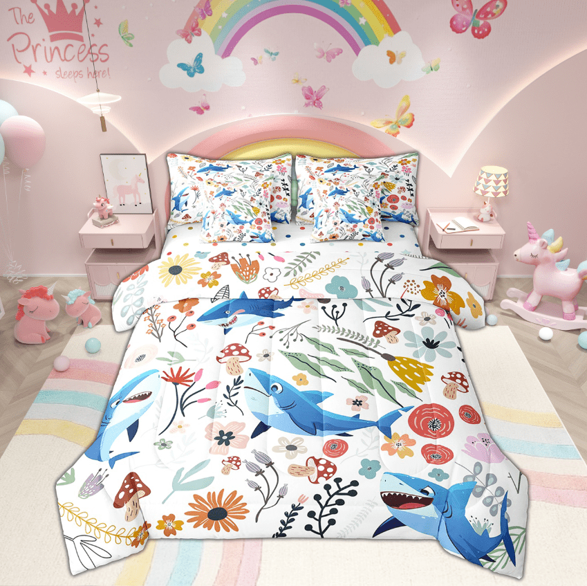 Kawaii Shark Comforter Set 7 Piece Bed in a Bag Twin,Mushroom Floral Cartoon Animal Bedding Sets Watercolor Flowers Leaves Sheet Set with Comforter