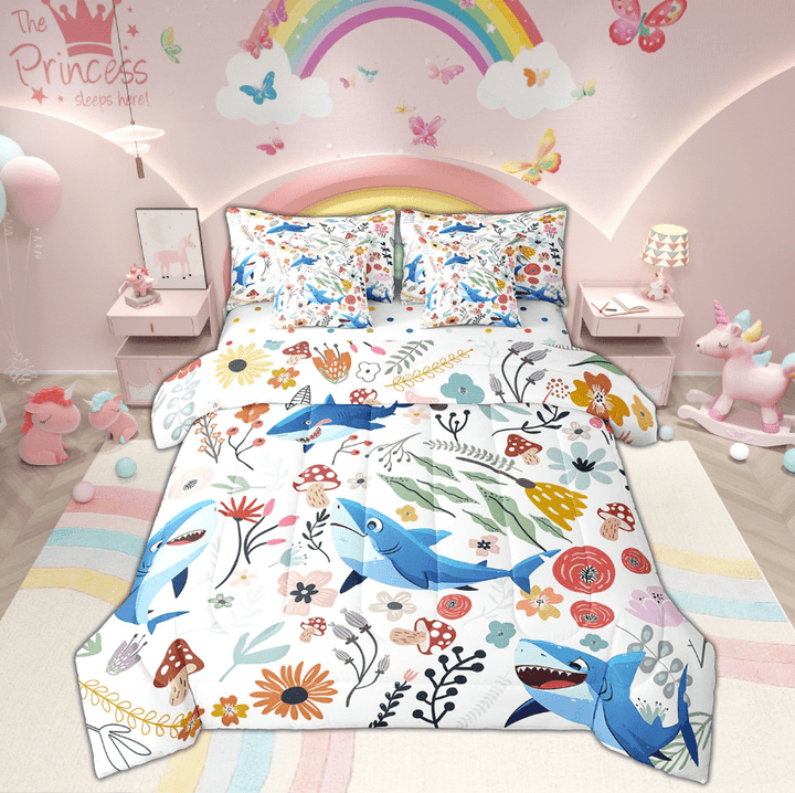 Kawaii Shark Comforter Set 7 Piece Bed in a Bag Twin,Mushroom Floral Cartoon Animal Bedding Sets Watercolor Flowers Leaves Sheet Set with Comforter