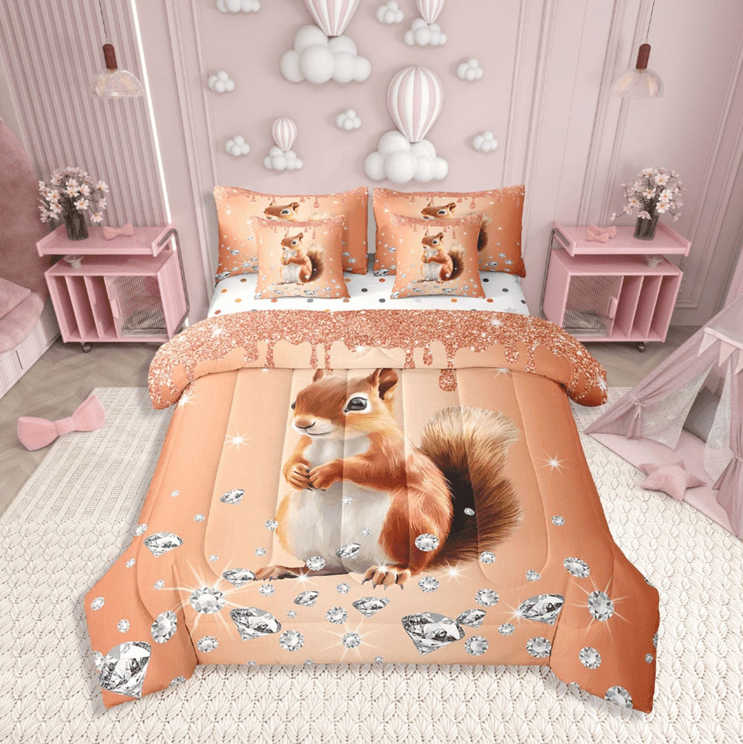Erosebridal Animal Squirrel Bedding Sets Twin Size,Crystal Glitter Comforter Sets With Sheets,Sequin Print Decoration,Reversible,Breathable,7Pcs