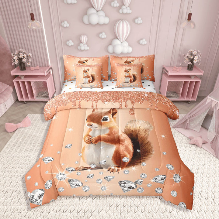 Erosebridal Animal Squirrel Bedding Sets Twin Size,Crystal Glitter Comforter Sets With Sheets,Sequin Print Decoration,Reversible,Breathable,7Pcs