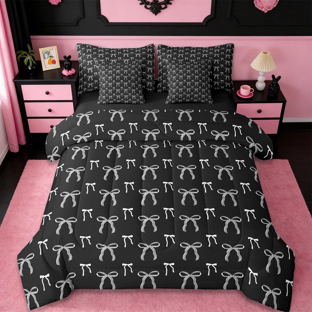 Erosebridal Cute Bows Bowtie 7-Piece Twin Bedding Sets For Kids,Cartoon Bowknot Pattern Bedding Comforter Set,White Black,Reversible