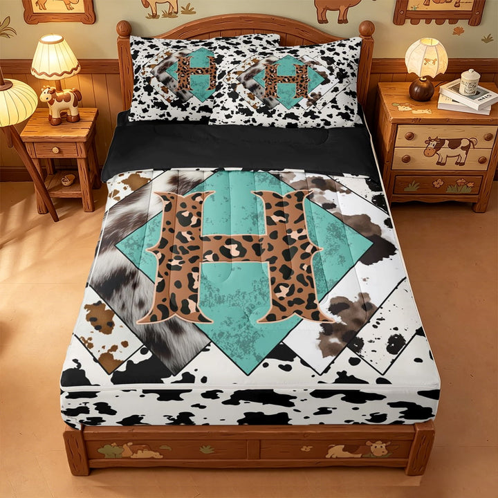 meiyoeat Farmhouse Cow Initial Zipper Twin Comforter Sets with Fitted Sheet and 2 Pillowcases For Boys,Rustic Leopard Monogram Print Design Zipper Bedding Set,Black Reversible,4 Pieces