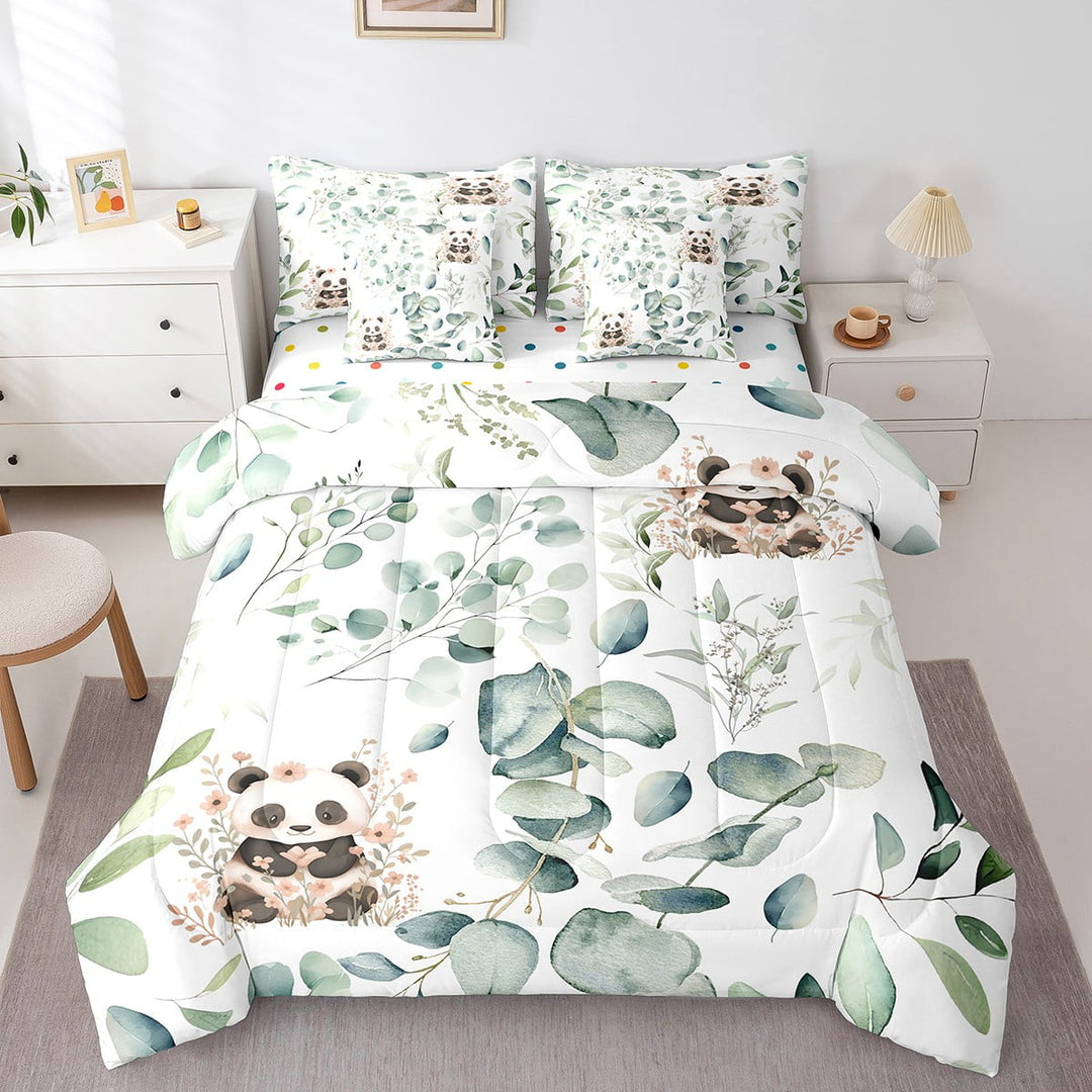 Cartoon Panda Bed in a Bag 7-Piece Woodland Wildlife Animal Bedding Set, Eucalyptus Leaf Twin Comforter Set Pink Floral Flower Bedding Comforter Sets, Jungle Bear Bed Set Room Decor
