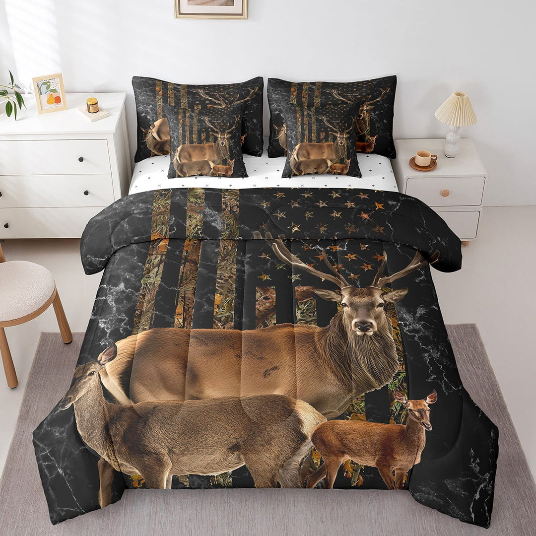 YST American Flag Deer Comforter Set Full 7 Piece Woodland Animal Print Deer Bed in a Bag USA Flag Room Decor,Rustic Farmhouse Bedding Set with Fitted Sheet,Flat Sheet,Pillowcases