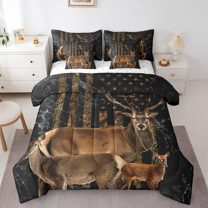 YST American Flag Deer Comforter Set Full 7 Piece Woodland Animal Print Deer Bed in a Bag USA Flag Room Decor,Rustic Farmhouse Bedding Set with Fitted Sheet,Flat Sheet,Pillowcases