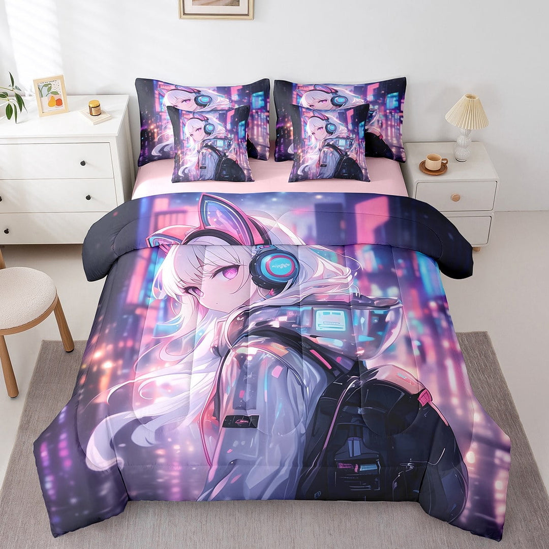 Erosebridal 3D Print Bed in a Bag Twin size, Pink Purple Bed Set, Cartoon Decor, Reversible