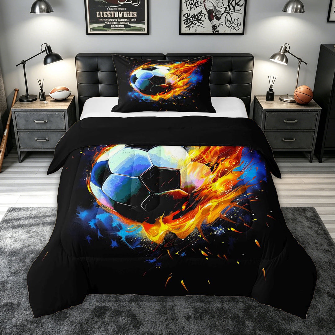 meiyoeat Fire Soccer Ball Full Size Comforter Sets for Kids Boys, Flame Art Bedding Comforter Set for Bedroom, Black Orange, Black Reversible, 3pcs