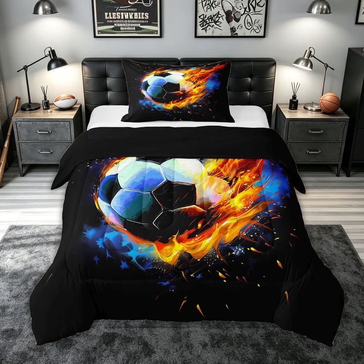 meiyoeat Fire Soccer Ball Full Size Comforter Sets for Kids Boys, Flame Art Bedding Comforter Set for Bedroom, Black Orange, Black Reversible, 3pcs