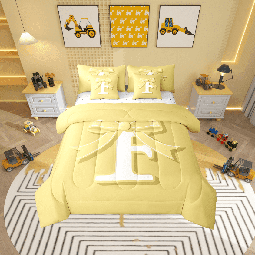 Erosebridal Yellow Bowknot Bedding Twin Size, Initial Letter F Bed in a Bag Twin size, Cartoon Monogrammed Reversible Bed Set, Breathable Bedroom Decorative, 7pcs