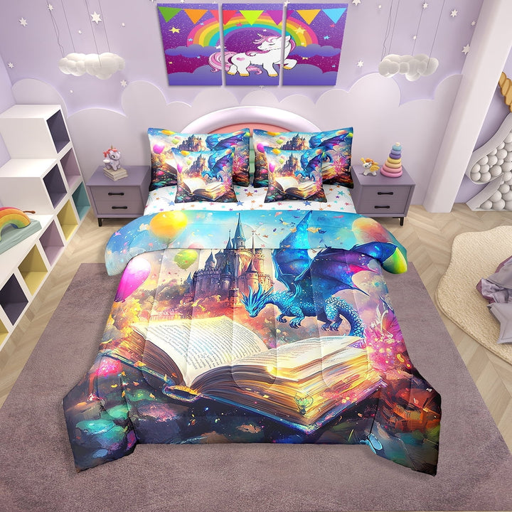 Erosebridal Mid Century Castle Bedding Sets Twin Size, Blue Dragon Comforter Sets with Sheets, Watercolor Balloon Decor, Reversible