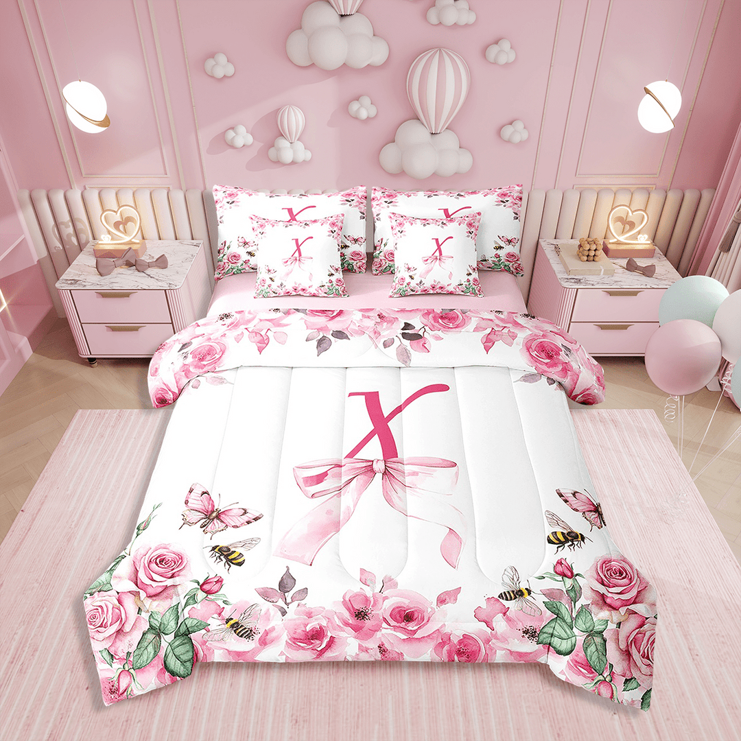 Erosebridal Initial Letter 7 Pieces Bedding Set Bowknot Alphabet Twin Comforter Set with Sheets Room Decor A-Z Bed in a Bag Pink Rose Bed Set