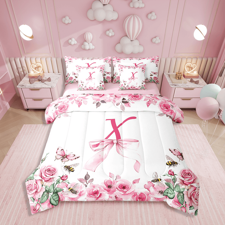Erosebridal Initial Letter 7 Pieces Bedding Set Bowknot Alphabet Twin Comforter Set with Sheets Room Decor A-Z Bed in a Bag Pink Rose Bed Set