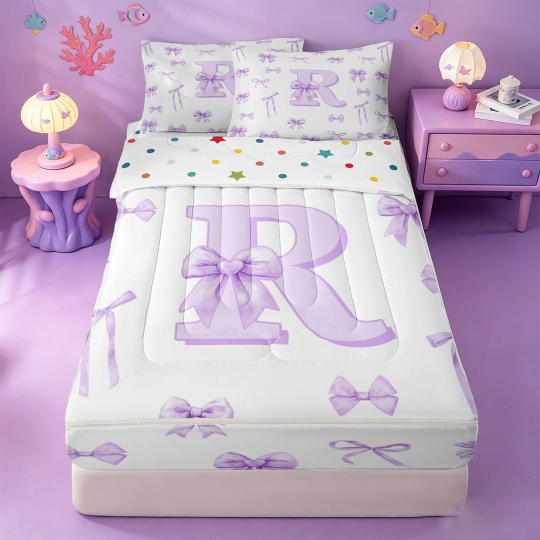 meiyoeat Girly Bowknot Alphabet R Zipper Full Size Comforter Sets with Fitted Sheet and 2 Pillowcases,Purple Bow Tie Initial Art Zipper Bedding Set For Girl,Reversible,4-Piece