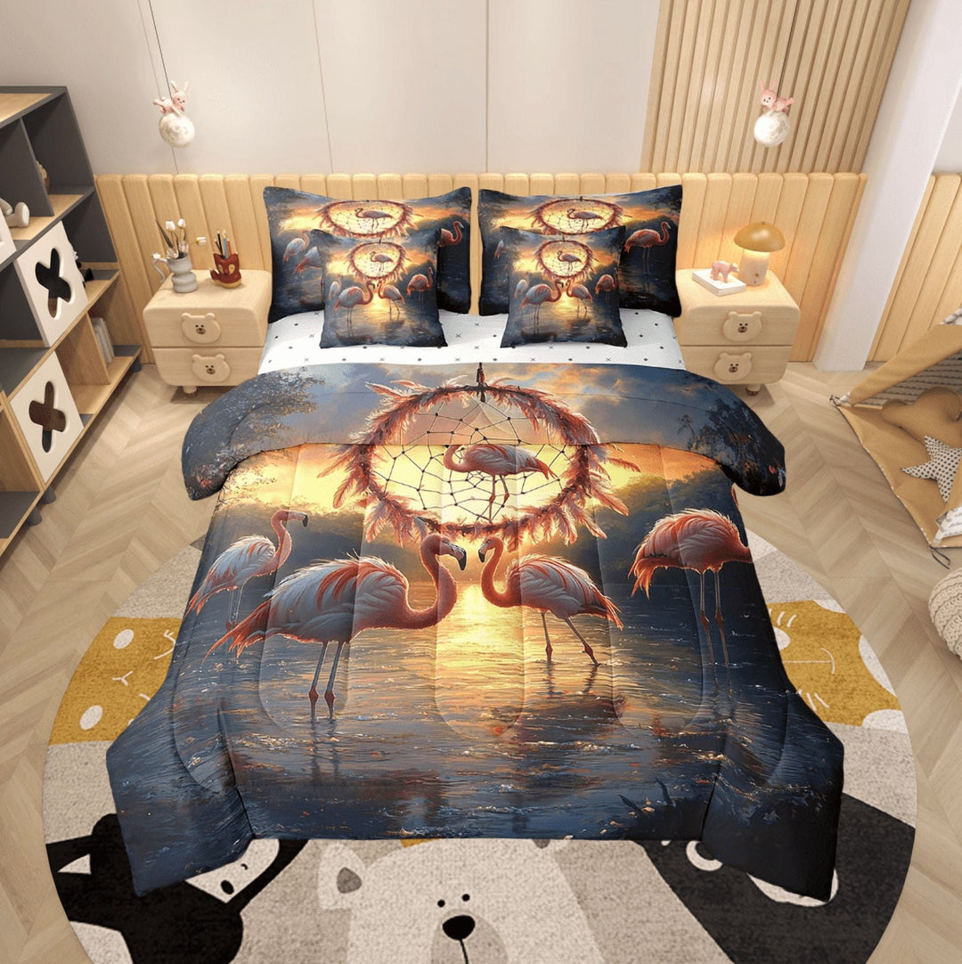 Flamingo Comforter Set Dream Catcher Lake Ocean Bedding Set Queen,Safari Animals Bed in a Bag,Exotic Bohemian Decor(Comforter+Fitted+Flat Sheet+2 Pillowcases+2 Throw Pillow Covers) 7 Pieces Bed Set