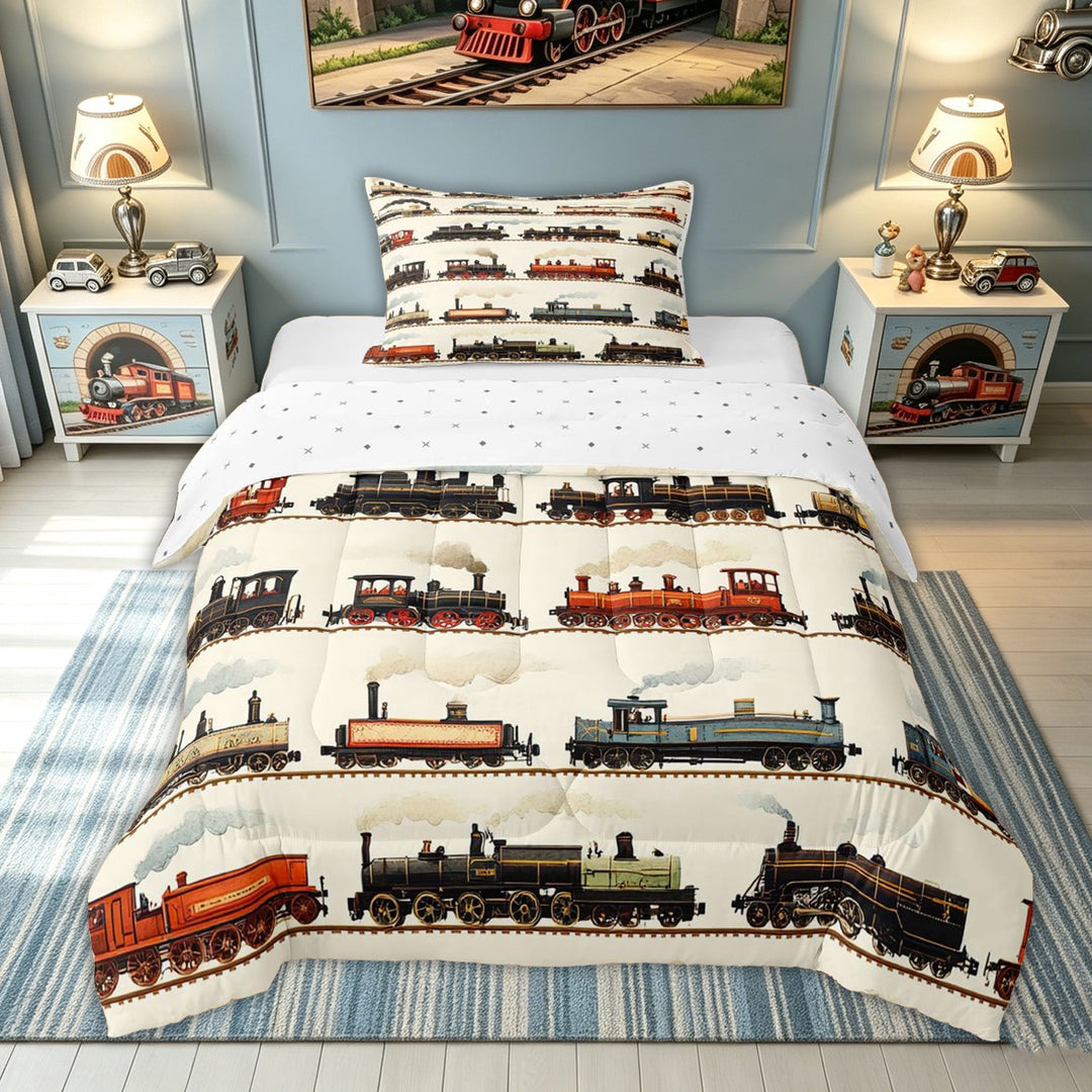 meiyoeat Vintage Train Print Full Size Comforter Sets for Kids Boys, Classic Steam Engine Bedding Comforter Set, Beige Multicolor, Reversible, 3pcs