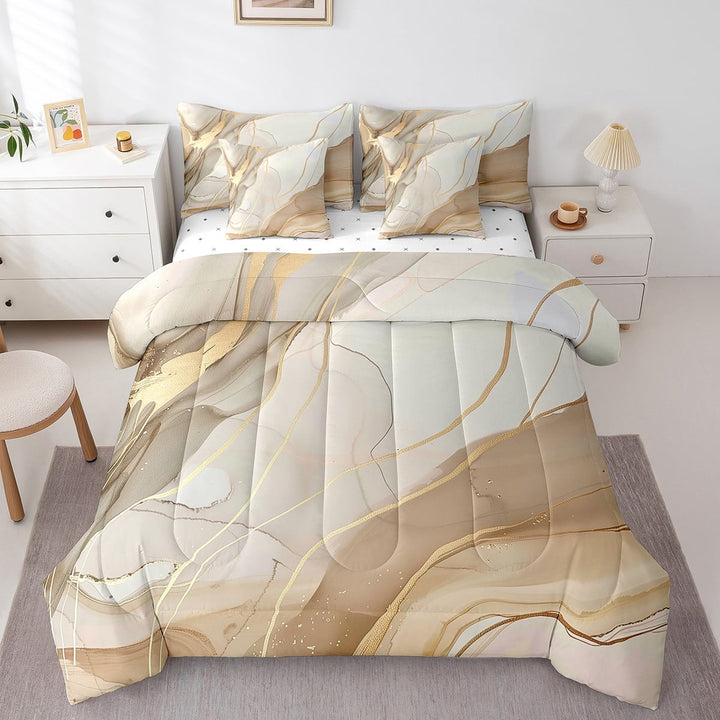 Brown Golden Marble Bed In A Bag Abstract Marble Texture Full Comforter Set 7 Piece Gold Fluid Marble Grain Bedding Set For Men Women,Watercolor Marble Art Sheet Set With Comforter