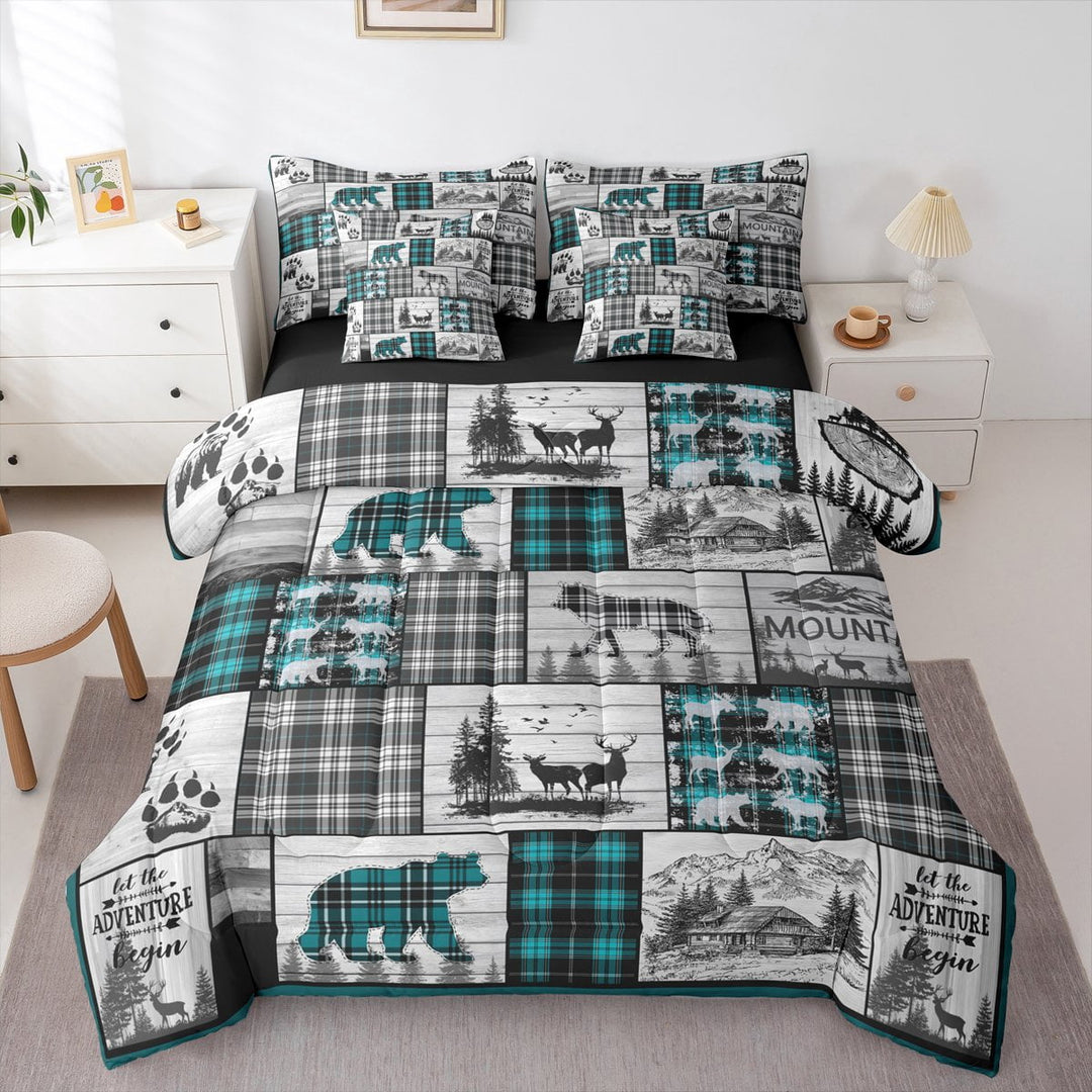 7 Piece Rustic Farmhouse Bedding Sets Hunting Wolf Bear Deer Bed In A Bag Twin,Black Teal Grey Plaid Cabin Comforter Set With Sheets Woodland Wildlife Sheet Set With Comforter