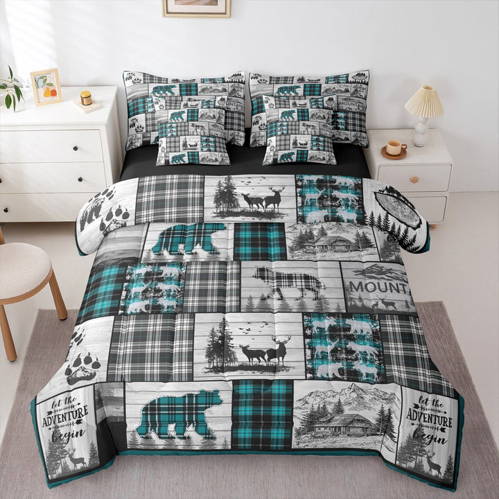 7 Piece Rustic Farmhouse Bedding Sets Hunting Wolf Bear Deer Bed In A Bag Twin,Black Teal Grey Plaid Cabin Comforter Set With Sheets Woodland Wildlife Sheet Set With Comforter