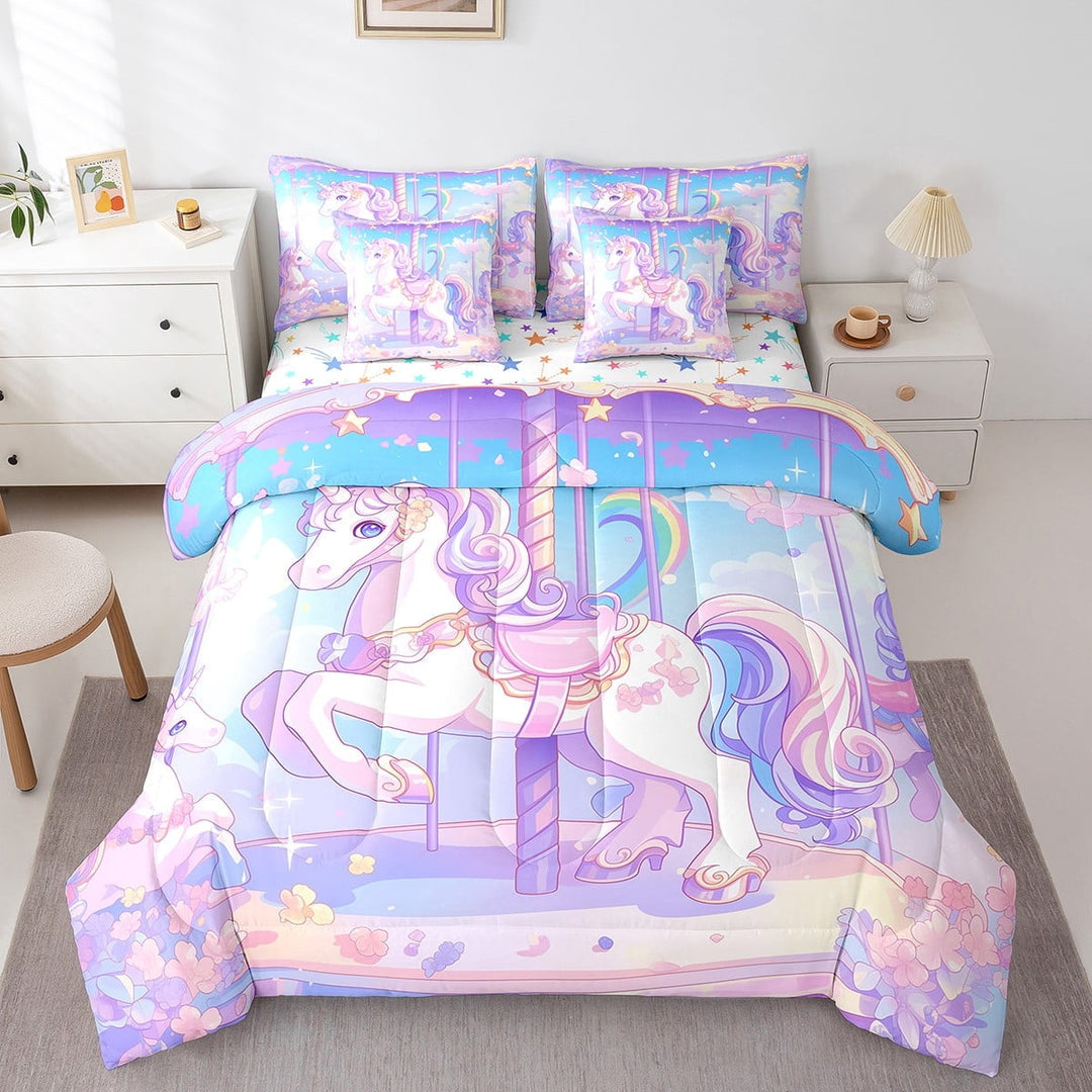 Cartoon Unicorn Bed in a Bag Twin Size,Girly Dreamy Magical Animal Comforter Set 7 Pieces,Rainbow Glitter Stars Galaxy Bedding Sets,Elegant Horse Carousel Sheet Set with Comforter