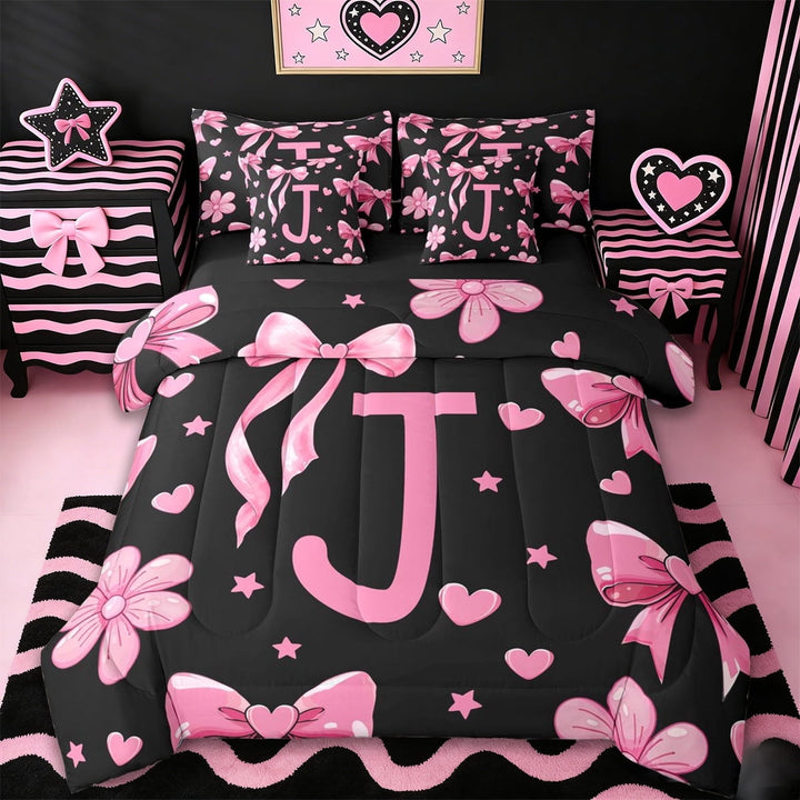 Erosebridal Girl Bowknot 7-Piece Twin Bedding Sets,Cute Heart Print Pink First Letter J Bedding Comforter Set For Kids,Reversible black