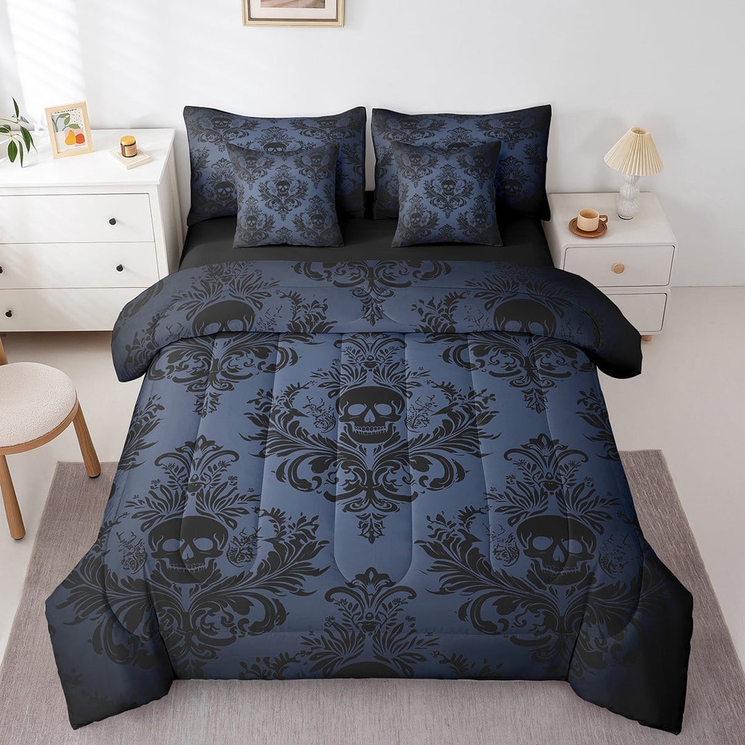 Erosebridal Abstract Skull Bedding Sets Twin Size,Gothic Style Comforter Sets with Sheets,Happy Halloween Bed in a Bag Twin size,Microfiber Damask Room Decorative,Reversible,7pcs