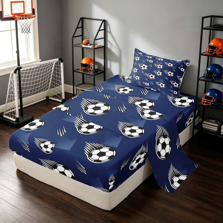 Manfei Football Twin Sheets, Sport Bedding, Navy Black Soccer 3pcs(1 Flat Sheet, 1 Fitted Sheet and 1 Pillowcase)