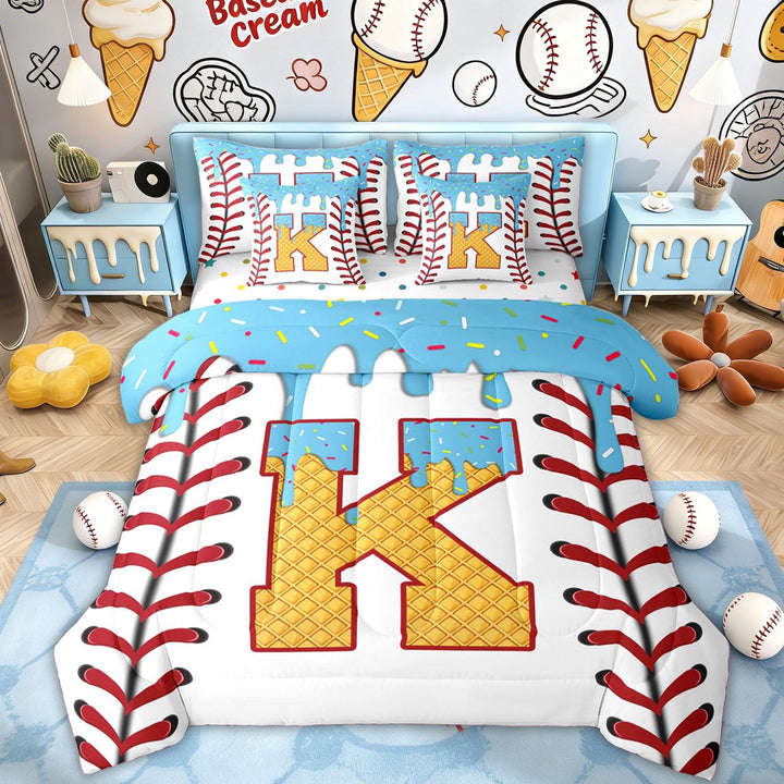 Erosebridal Kid Blue K Letter Twin Bedding Sets, Ice Cream Baseball Bedding Comforter Set, 7-Piece