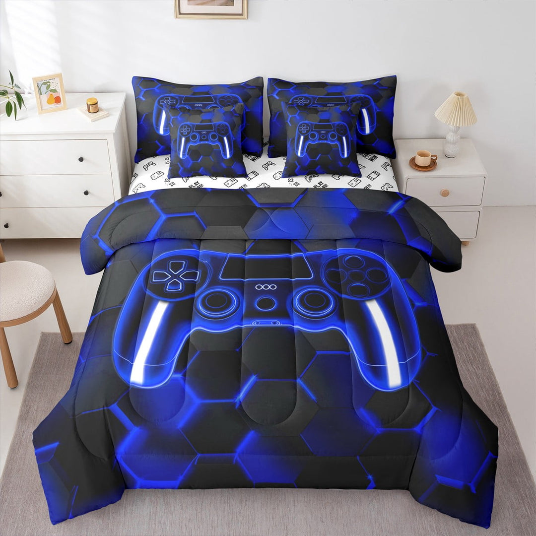 Erosebridal Navy Gamepad Bedding Twin Size, Modern Video Game Bed Set, Honeycomb Reversible Bedding Sets Twin Size, Super Cozy Bedroom Decorative, 7 Pieces