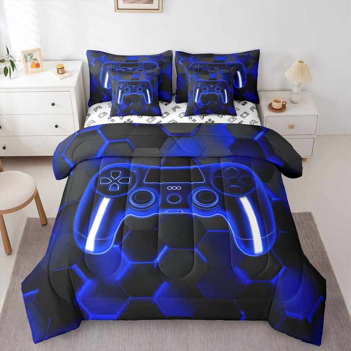 Erosebridal Navy Gamepad Bedding Twin Size, Modern Video Game Bed Set, Honeycomb Reversible Bedding Sets Twin Size, Super Cozy Bedroom Decorative, 7 Pieces