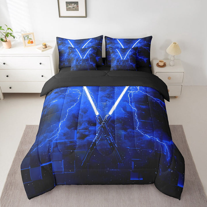 Erosebridal Teens Lightsaber Bedding Sets Twin Size, Square Geometry Comforter Sets with Sheets, Blue, Reversible 7 Pieces
