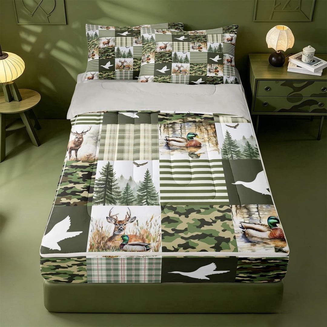 meiyoeat Rustic Mallard Duck Zipper Twin Comforter Sets with Fitted Sheet and 2 Pillowcases For Boys,Wild Deer Green Camo Print Zipper Bedding Set For Kids,Light Gray Reversible,4 Pieces
