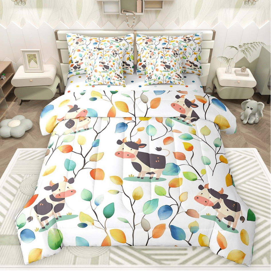 7Pcs Cartoon Cow Bedding Comforter Sets Boho Floral Bed in a Bag, Colorful Leaves Twin Bedding Sets Abstract Watercolor Plant Comforter Set, Farm Animal Bedding Sets &amp; Collections