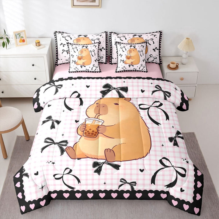Erosebridal Kids Cute Capybara With Boba Tea Twin Bedding Sets 7-Piece,Boys Girls Black Bow Tie Geometric Plaid Bedding Comforter Set,Pink Reversible