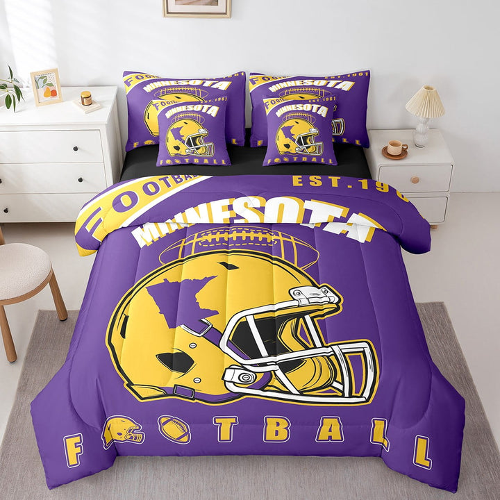 Erosebridal Eat Sleep City Bed in a Bag, Soccer Sport Bed Set, Yellow Purple Reversible Comforter Sets, Breathable Bedroom Decoration, 7pcs