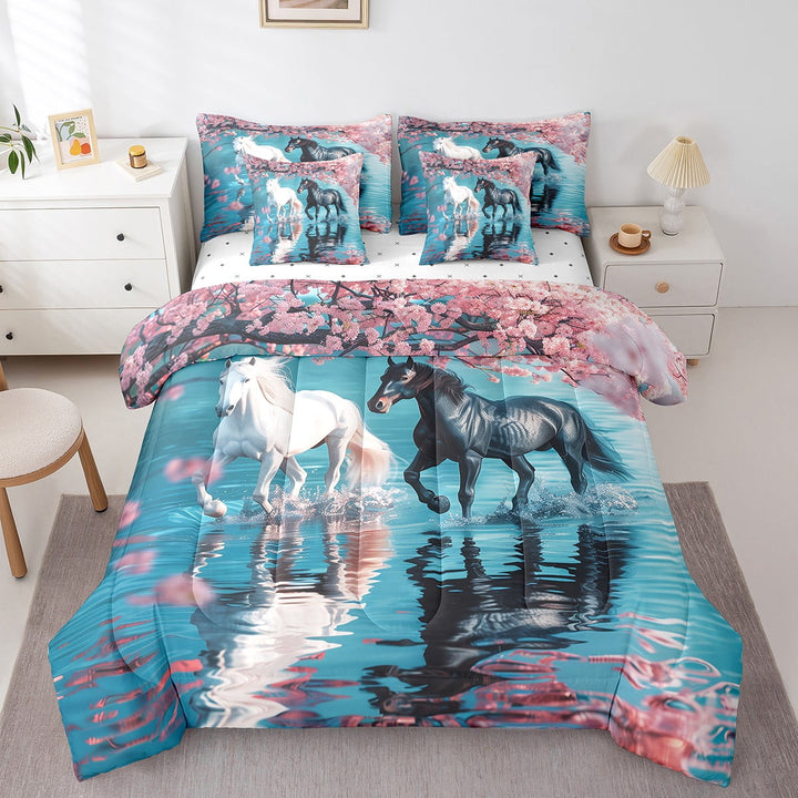 7 Pieces Bed in a Bag Twin Comforter Set with Sheets, Farm Horse Cheery Design Bedding Sets for All Season (1 Comforter, 2 Pillow Shams, 1 Flat Sheet, 1 Fitted Sheet, 2 Pillowcases)
