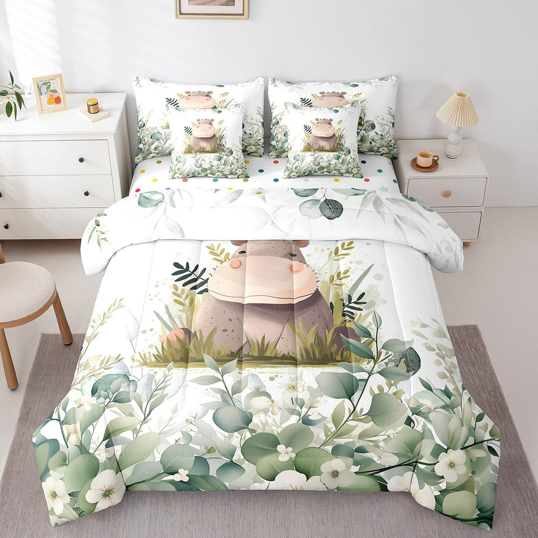Cute Hippo Bed in a Bag 7-Piece Green Eucalyptus Bedding Set, Woodland Animal Twin Size Comforter Set Botanical Plant Leaves Bedding Comforter Sets, Cartoon Wildlife Bed Set