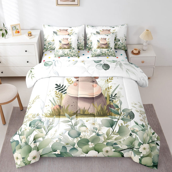 Cute Hippo Bed in a Bag 7-Piece Green Eucalyptus Bedding Set, Woodland Animal Twin Size Comforter Set Botanical Plant Leaves Bedding Comforter Sets, Cartoon Wildlife Bed Set