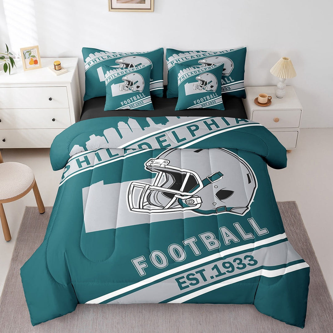 Erosebridal American Football Bedding Sets Twin Size, Soccer Sports Bed Sheets Set, Turqoise Grey, Philadelphia, Ultra Soft 7 Pieces