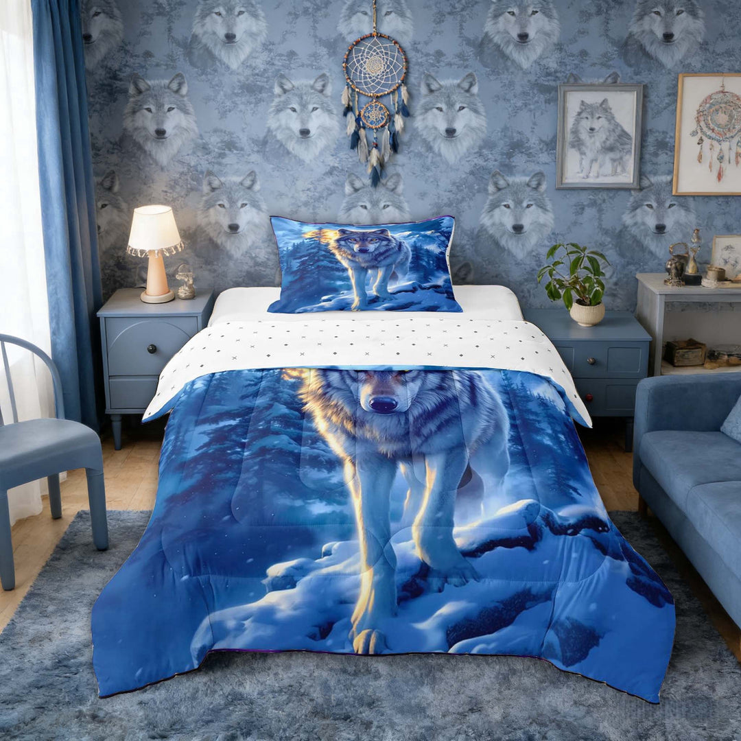 Erosebridal Snowy Mountain Wolf Print Twin Comforter Sets, Winter Wildlife Bedding Set for Men and Women, Reversible 2pcs, 1 Comforter and 1 Pillowcase