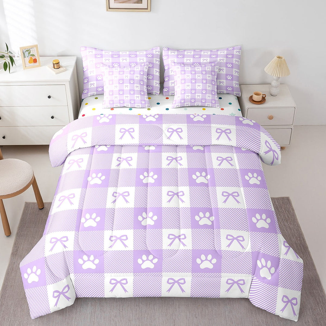Purple Bowknot Comforter Set Twin,Cartoon Dog Paw Animal Footprint Bedding Set,Princess Bow Geometric Plaids Patchwork Bed Set 7 Pieces(Comforter+Fitted+Flat Sheet+Pillowcase+Pillow Cover)