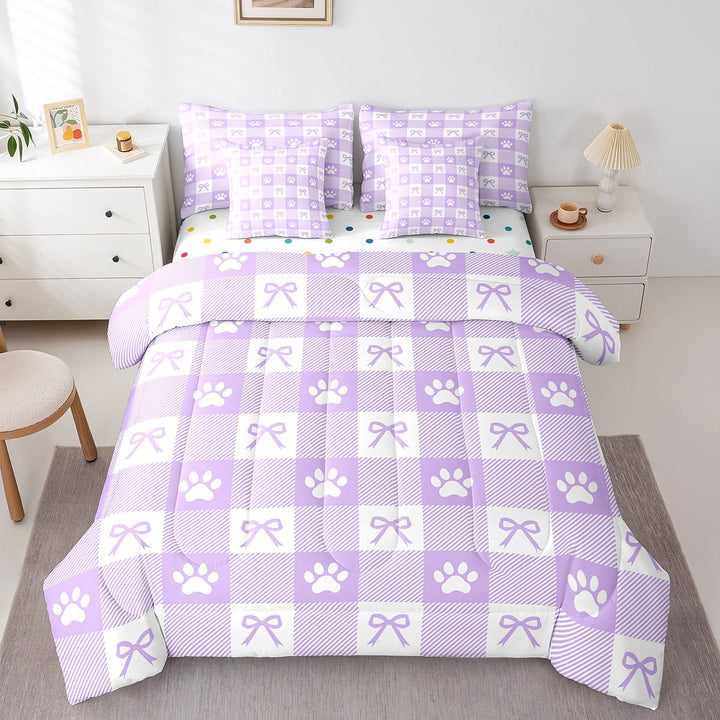 Purple Bowknot Comforter Set Twin,Cartoon Dog Paw Animal Footprint Bedding Set,Princess Bow Geometric Plaids Patchwork Bed Set 7 Pieces(Comforter+Fitted+Flat Sheet+Pillowcase+Pillow Cover)